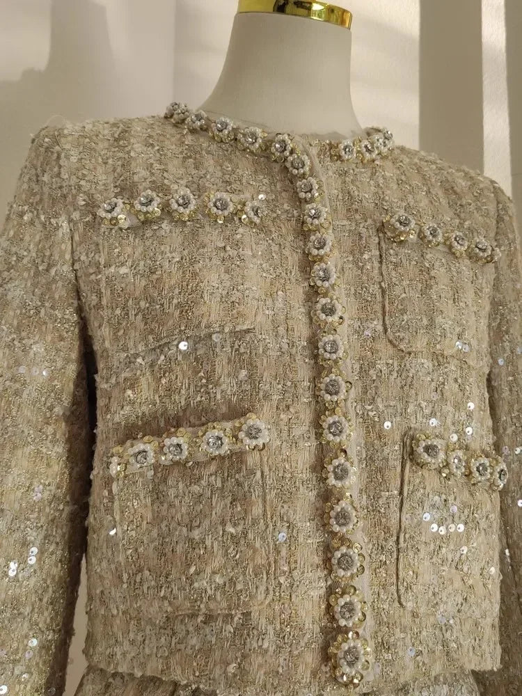 Small Fragrance Autumn Winter Beading Tweed Pearls Short Jacket Coat + Mini Pleated Skirt Suit Two Piece Sets Outifits