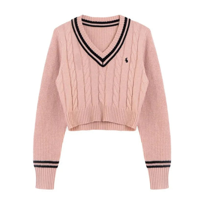 Korean Sweaters Autumn V-neck Y2k Cartoon Embroidery Knitted Tops Winter Soft Basic Long Sleeve Pullovers