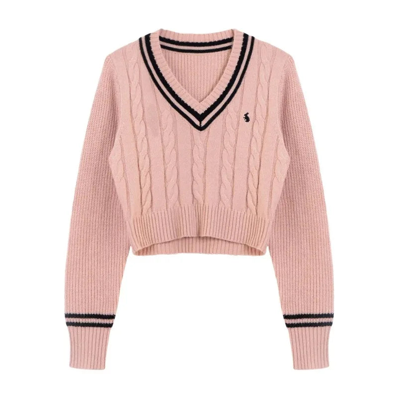 Korean Sweaters Autumn V-neck Y2k Cartoon Embroidery Knitted Tops Winter Soft Basic Long Sleeve Pullovers