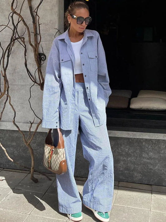 Contrast Color Shirt Pants Suit 2-piece ’s Summer Striped Patchwork ’s Suit 2-piece Pants Suit