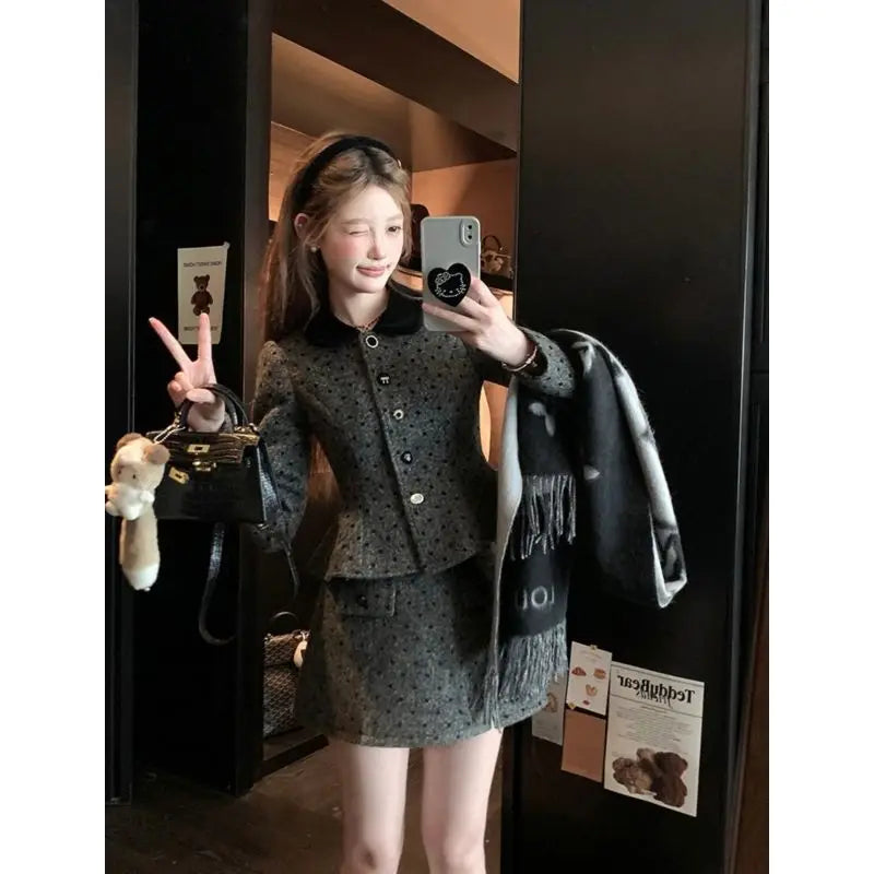 Sweet Hot Girl Suit Autumn Winter Polka Dot Short Coat High Waisted Aline Skirt Twopiece Set Female Clothes