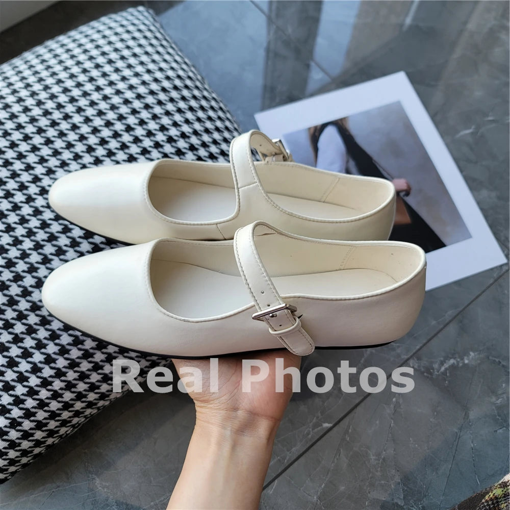 Brand Mary Jane Genuine Leather Flats Shoes Woman Buckles Flat Comfort Loafer Shoes Soft Leather Flats