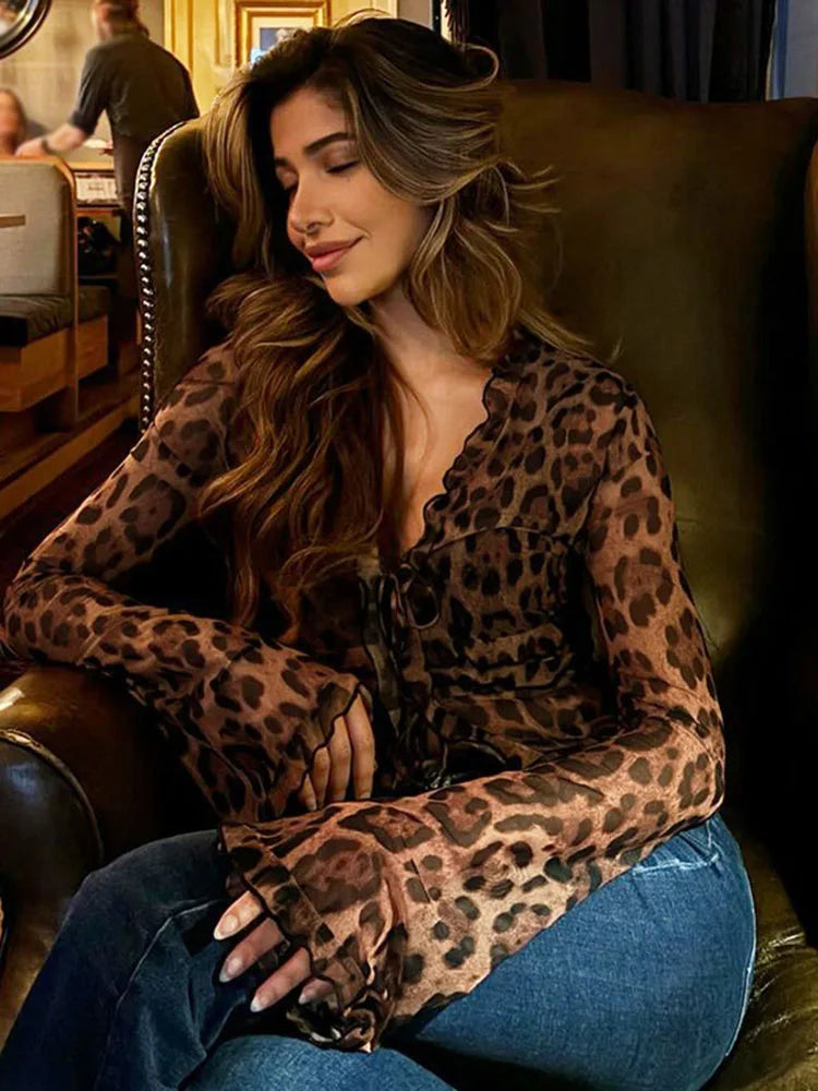 Lace Up Leopard Print Cardigan Mesh Perspective Print Slim Long Sleeve V Neck Summer Top Cardigan