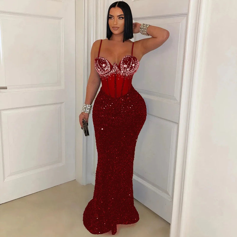 Mesh Velvet Diamonds Strap Maxi Dress