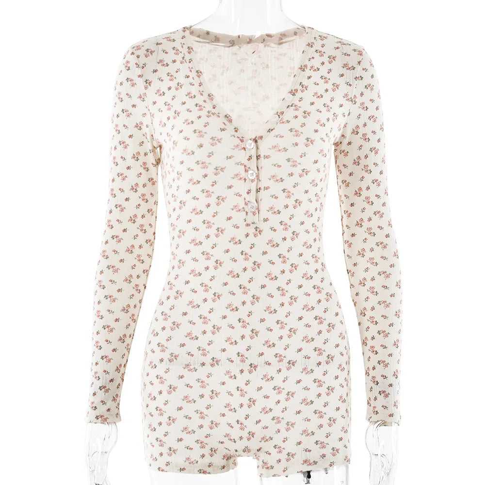 Print Playsuits Long Sleeve Low Chest V Neck Button Half Cardigan High Waist Straight Pants Playsuit