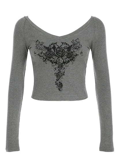 Gray Slim Y2k V-neck T-shirt Basic Print Gothic Dark Hotsweet Long Sleeve Crop Top Autumn New