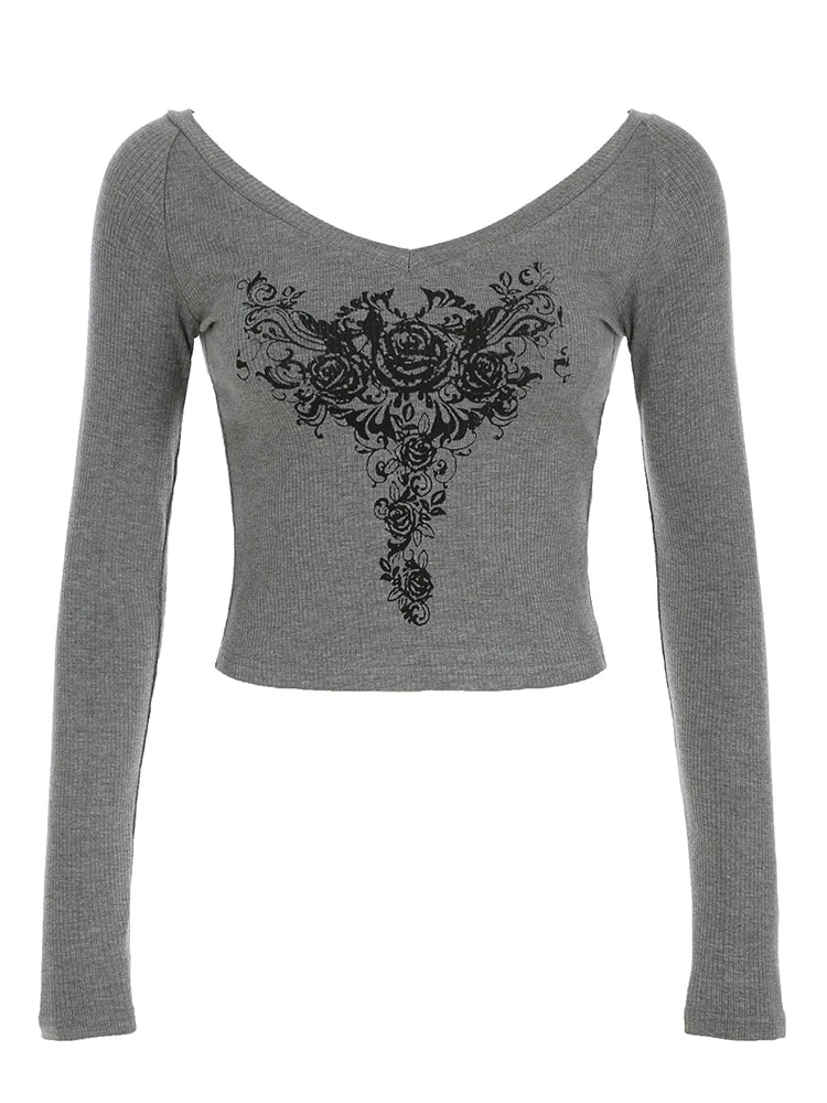 Gray Slim Y2k V-neck T-shirt Basic Print Gothic Dark Hotsweet Long Sleeve Crop Top Autumn New
