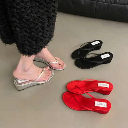 Summer New Slipper Narrow Band Slip on Flip on Shoes Low Wedge Heel Outdoor Dress Slides New Woman