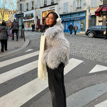 Fluffy Faux Mongolian Fur Coat for Winter Warm Furry Tibetan Sheep Fur Jacket Female Shaggy Overcoat