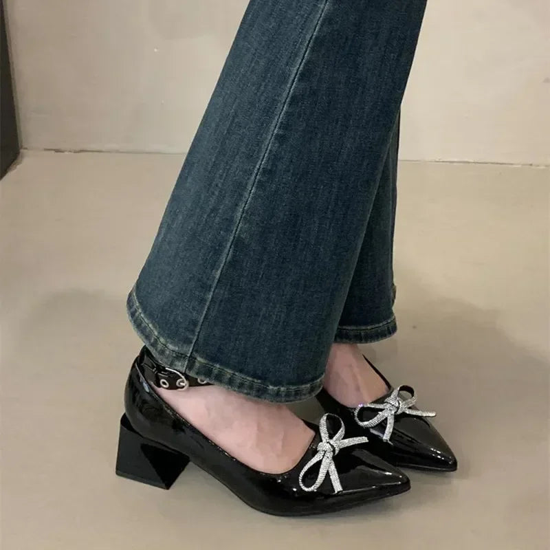 New Rhinestone Bow Decorated High Heels Black Slingback Buckle Design Covered Heel Pointed Toe Mary Jane Shoes