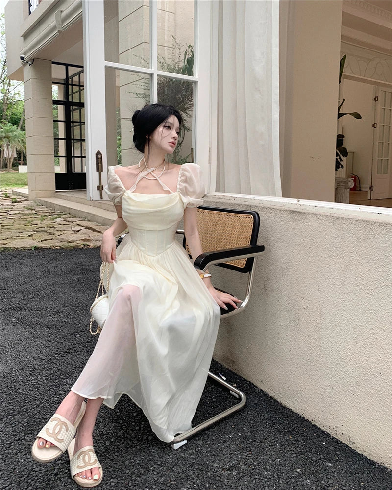 Summer Halter Midi Dress Female Chiffon Square Neck Party One Pieces Dresses French New Vestidos Robe