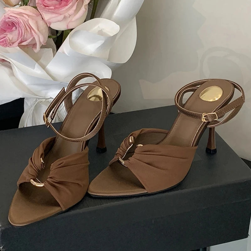 Comfort Hollow Out Metal Buckle Decoration Sandals Satin Ankle Strap Heels Pointed Toe Party Designer Shoes