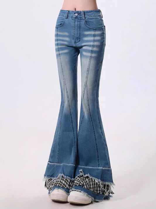 Stitch Raw Edge Ruffle Hem Flare Jeans Retro Tartan Plaid Whiskers Boot Cut Pants Grayu Y2k Korean