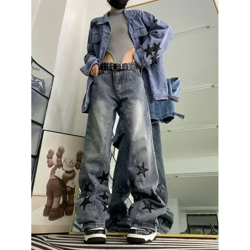 Star Y2k Jeans Acubi Harajuku Baggy Grunge Denim Pants Korean Trousers Aesthetic