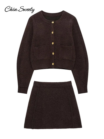 Brown Skirt Suits Knitted O-neck Long Sleeve Metal Button Cardigan High Waist A-line Mini Skirts Spring Lady Outfit