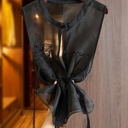 Vests Sheer Chinese Style Black Summer Allmatch Mom Clothing Embroidery Design Outwear Tassel Sleeveless