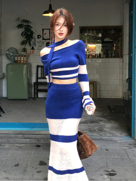 Korean Knitted Sweater Suits Long Sleeve Thin Bodycon Striped Pullover + Midi Skirts 2 Piece Sets Outfits