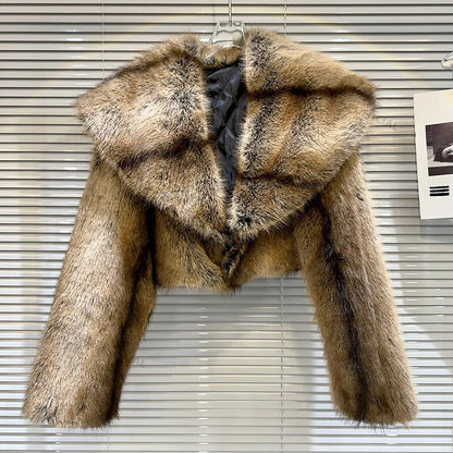 Retro Stripped Short Faux Fur Coat Winter Y3k Cropped Big Fur Collar Fox Fur Jacket