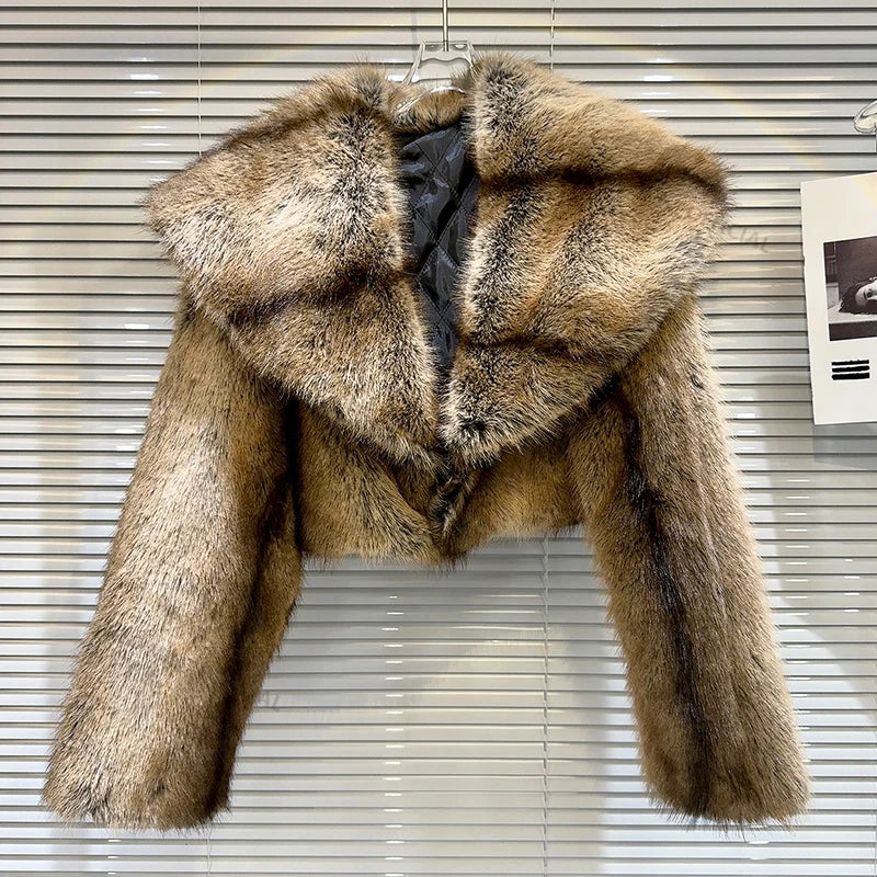 Retro Stripped Short Faux Fur Coat Winter Y3k Cropped Big Fur Collar Fox Fur Jacket