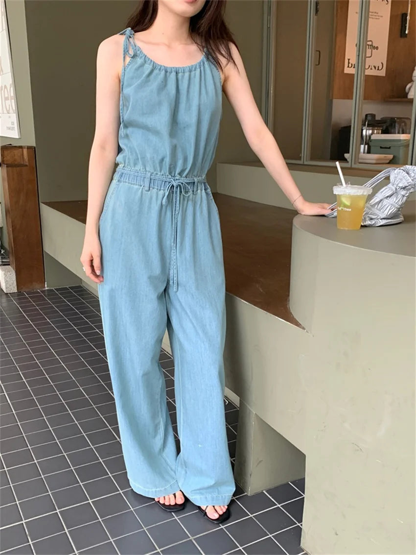 Stylish Rompers Loose High Street Summer Mujer Office Lady Halter Slim New Jeans Jumpsuits