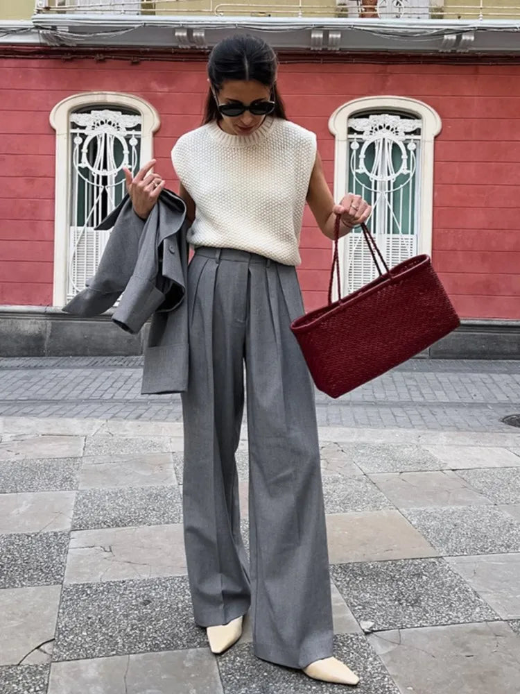 New Autumn Gray Straight Pant Cotton Blend Color High Wiast Loose Woman Trouser Simple Female Clothing New