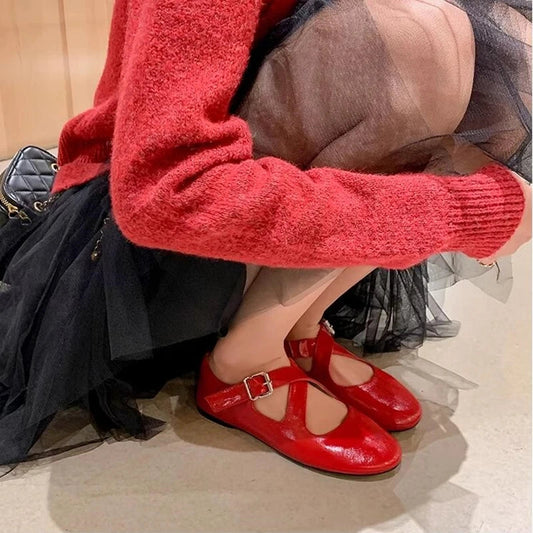 Ballet Shoes New Spring Flats Shoes Cross Large Size Genuine Leather Mary Jane Shoes