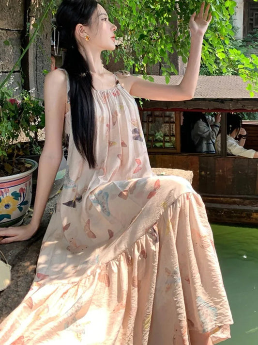 Butterfly Print Party Pleated Long Dress for Summer Club Beige Backless Bandage Slip Vestidos Robe