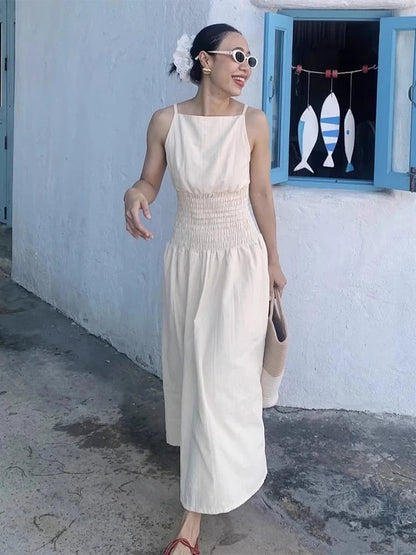 Korean Summer New French Vacation Style Wrinkles Hugging Waist Stretching Sleeveless Strap Long Dresses