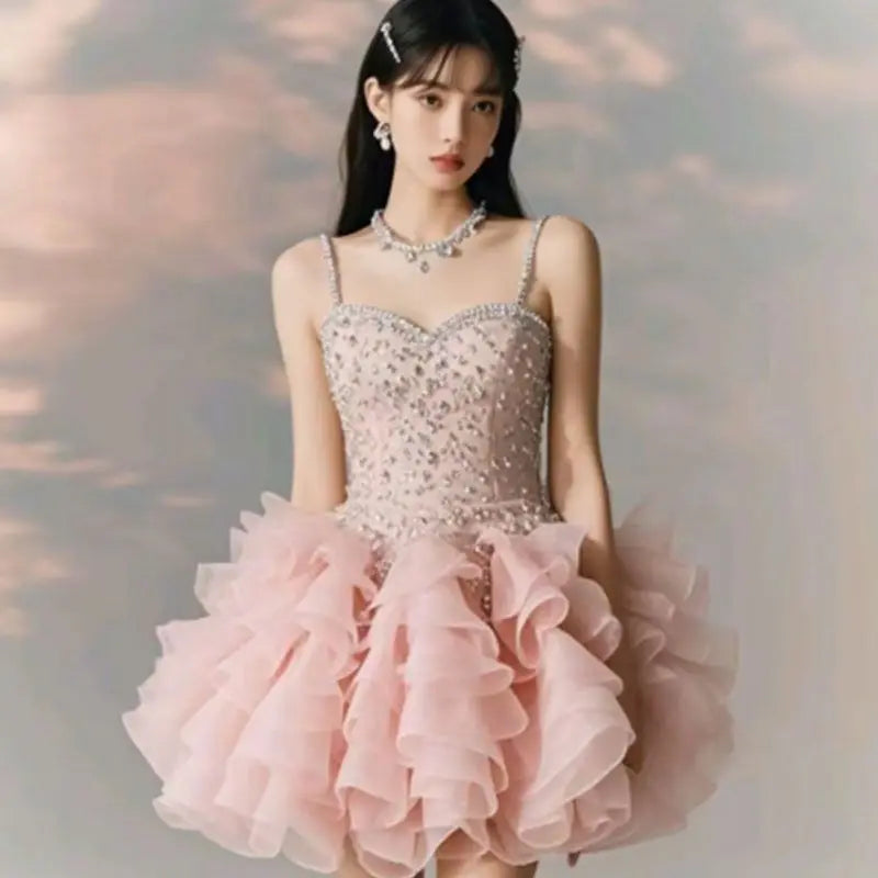 New Sleeveless Birthday Princess Party Dress for Sweet High Waist Slimming Aline Rufffle Puffy Strap Mini Dress for