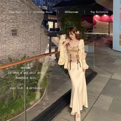 Autumn Retro Heavy Industry Tight Corset Tank Top Hollow Cardigan Wrap Hip Satin Long Skirt Set Three Piece Set for