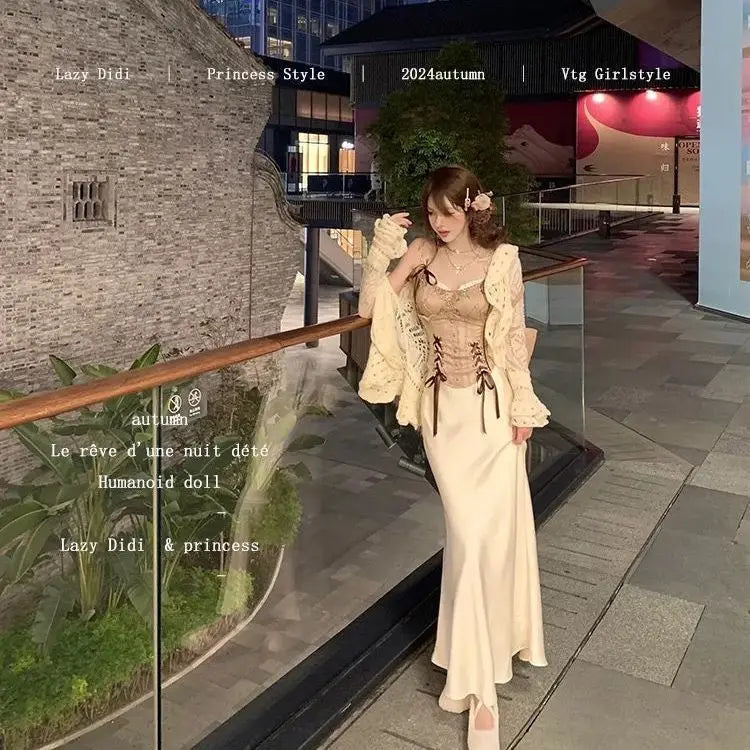 Autumn Retro Heavy Industry Tight Corset Tank Top Hollow Cardigan Wrap Hip Satin Long Skirt Set Three Piece Set for