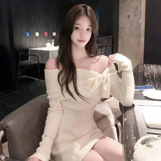 Knitted Dresses Slash Neck Bow Slim Stretch Off Shoulder Winter Spring Party Sweater Dress Sweet