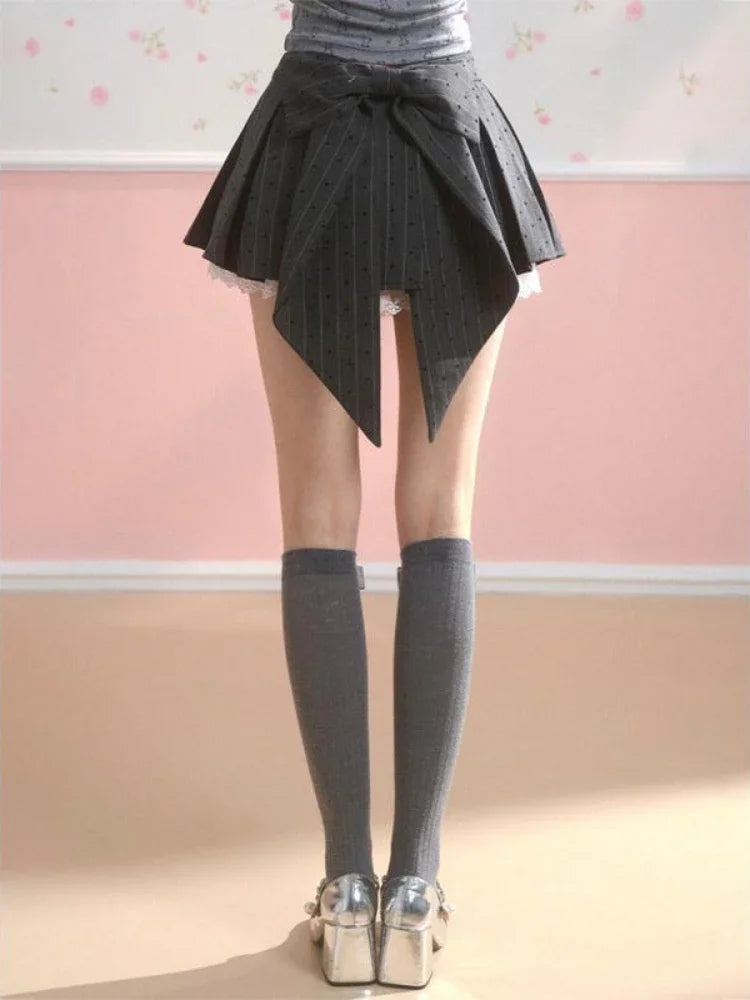 Gray Dot Pleated Skirt Bow Lace Patchwork Summer Mini Skirt Hotsweet Y2k Girl Lolita Style Cutecore Skirt