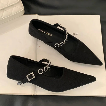 Satin Rhinestone Pointed Toe Buckle Shallow Low Heeled Shoes Wedding Pumps