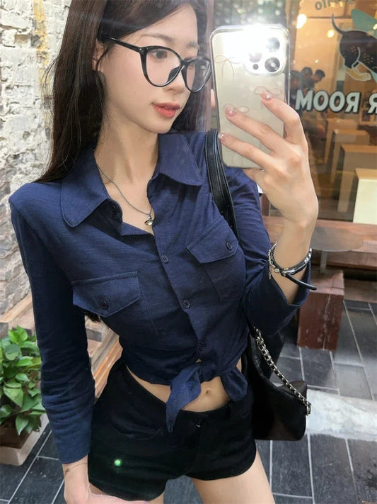 Navy Blue Three Quarter Shirt for Tops Button Up Slim White Blouse Female Autumn Black Clothes