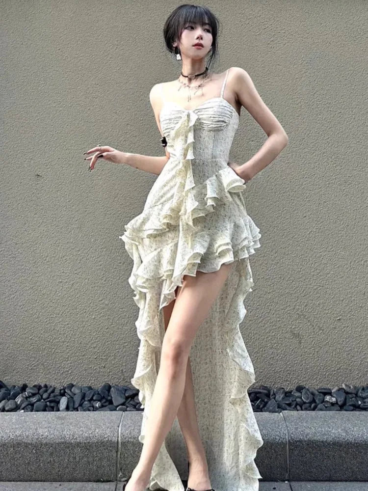 Midi Dress Sleeveless Backless Patchwork Ruffle Slim Camiosle Dresses Club Party Vestidos Spring Summer