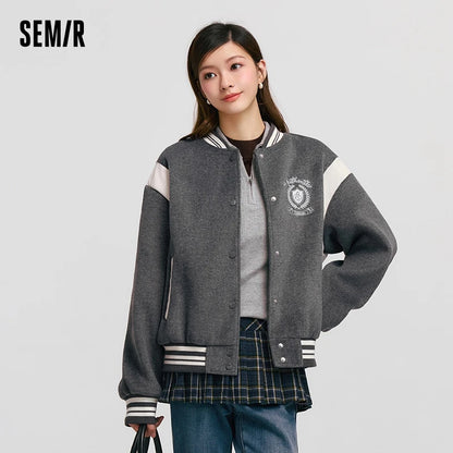 Coat Embroidery Patchwork Contrast Color Loose Jacket New Winter Imitation Woolen Baseball Jacket