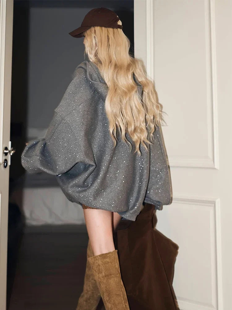 Glitter Zip Up Hoodies Long Sleeve Sweatshirt With Zipper Oversized Y2k Aesthetic Clubwear Kpop Clothes