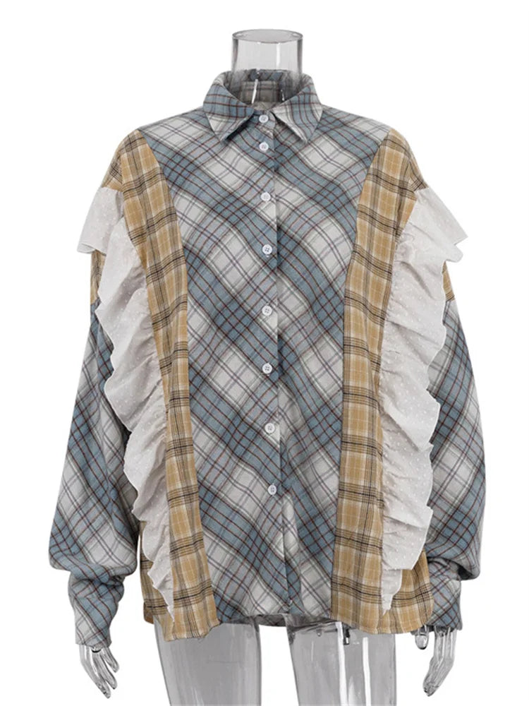 Ruffled Patchwork Shirts ’s Long Sleeve Lapel Cardigan Striped Contrast Clothes for Summer Shirts Coat