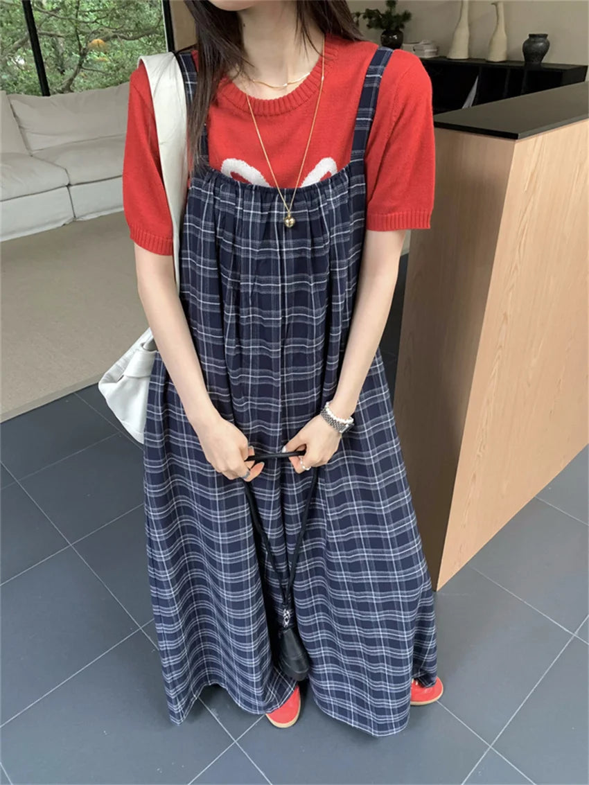 Korea Rompers Summer Plaid New Office Lady High Street Sleeveless Wide Leg Jumpsuits