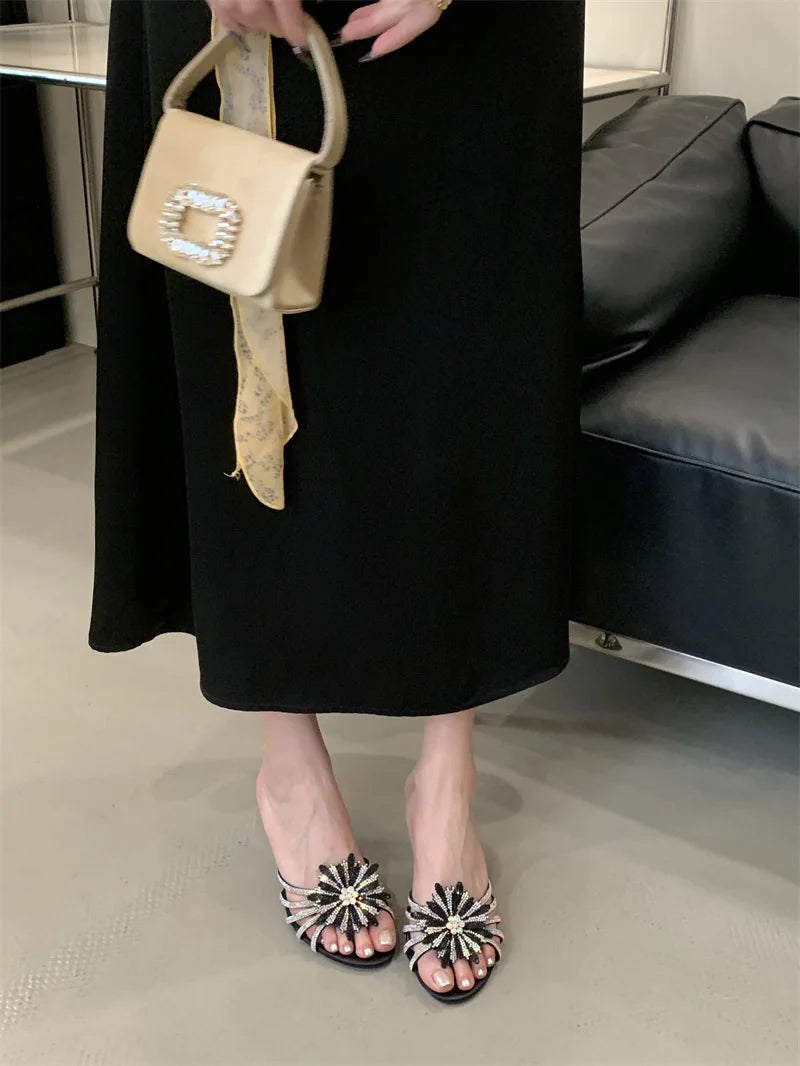 New Gold Silver Crystal Gem Strange Low Heels Slippers Rhinestone Flowers Summer Party Prom Shoes Mules Sandals