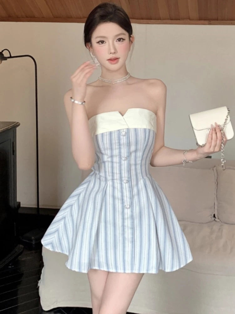Y2k Strapless Mini Dresses for Bow Patchwork A-line Birthday Party Dress Korean Prom Short Vestidos Mujer