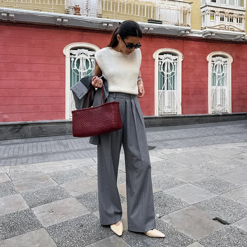 New Autumn Gray Straight Pant Cotton Blend Color High Wiast Loose Woman Trouser Simple Female Clothing New