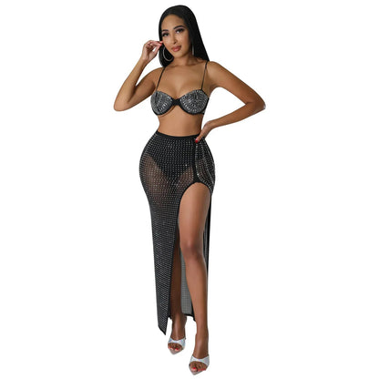 Summer Prom Corset Maxi Dresses Sets Diamond Bikini Top High Waist Sheer Mesh Skirt Club Party Vestido Two Piece Sets