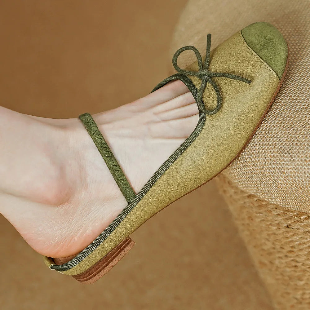 Genuine Leather Mix Color Pathcwork Round Toe Slipon Flats Summer Mules Leisure Soft Comfortable Shoes