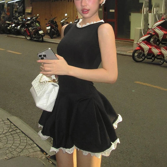 Splice Lace Mini Dress for High Waisted Slim Folds Aline Hem Dresses Sleeveless Evening Party Dress Lady