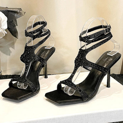 Rhinestones Thin High Heels Ankle Strap Party Dress Shoes Open Toe Shiny Designer Brand Sandals