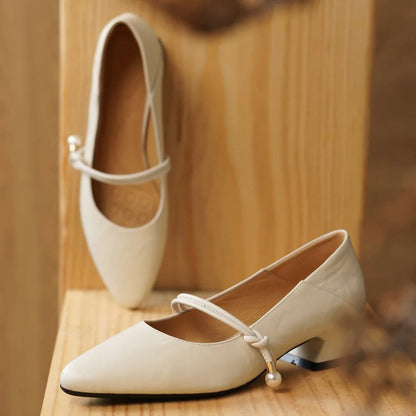 3441 Genuine Leather Pointed Toe Mary Jane Pumps 3cm Kitten Heel Daily Dress Heeled Shoes