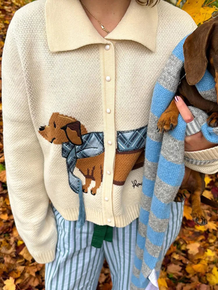 Knitted Printed Dog Cardigan Lapel Single Breasted Short Sweaters Female Autumn Street Knitwear