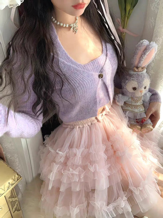 Princess Sweet Lolita Thin Wisteria Fake Twopiece Alpaca Wool Slimming Knit Cardigan